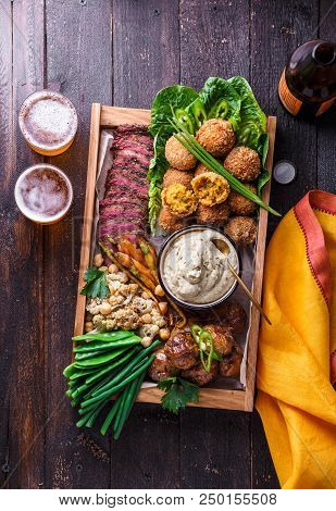 Meat, Falafel, Baba Ghanoush, Vegetables In A Box. Halal Food. Space For Text. Top View