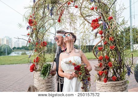 School Of Floristry Stas Zubov In Minsk, Republic Of Belarus. July 2018. Avant-garde Wedding Bouquet