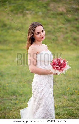 School Of Floristry Stas Zubov In Minsk, Republic Of Belarus. July 2018. Avant-garde Wedding Bouquet