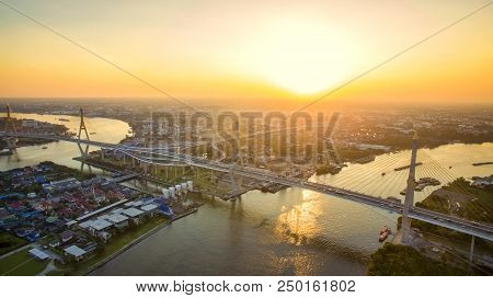 Aerial View Of Bhumibol Bridge And Chaopraya River In Bangkok Thailand