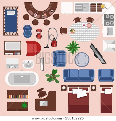 Interior Top View Elements Set. Bedroom, Nursery, Living Roon, Kitchen, Bathroom. Apatrment Furnitur