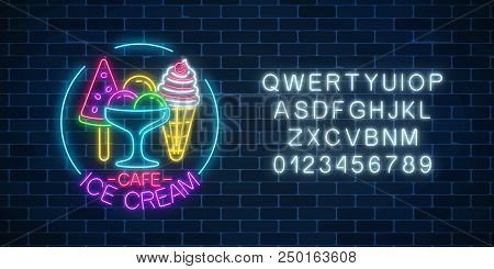 Glowing Neon Ice Cream Cafe Signboard With Alphabet And Three Kinds Of Ice Cream On Dark Brick Wall 