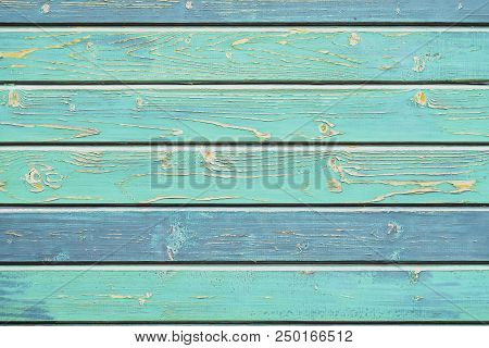 Wooden Plank Texture In Turquoise Green Shades, Hues. Rustic Natural Wooden Planks With Cracks, Scra
