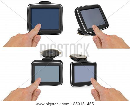 Gps Car Navigation With Handle. The Finger Indicates The Point On The Satellite Navigation Screen.