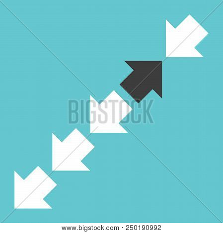 One Black Opposite Direction Arrow In Row Of Many White Ones On Turquoise Blue. Courage, Uniqueness 