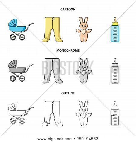 Stroller, Bottle With A Pacifier, Toy, Sliders.baby Born Set Collection Icons In Cartoon, Outline, M