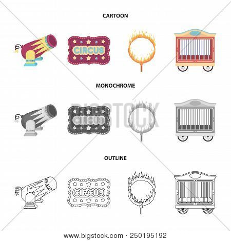 Circus Trailer, Circus Gun, Burning Hoop, Signboard.circus Set Collection Icons In Cartoon, Outline,