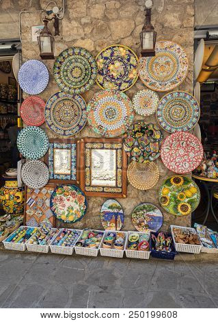 Ravello, Italy - June 16, 2017: Ceramics Shop In The Main Square Of Ravello, Campania, Italy