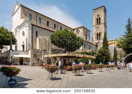 Ravello, Italy - June 16, 2017: Piazza Del Duomo And Cathedral Of Santa Maria Assunta In Ravello , C