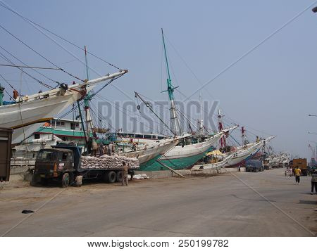Boat At The Pier In Pasar Ikan And Muara Karang, A Historic Jakarta Fish Market. Travel In Jakarta,