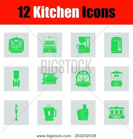 Kitchen Icon Set. Green On Gray Design. Vector Illustration.
