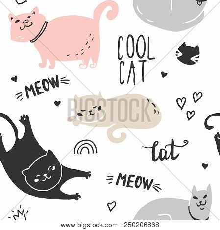 Seamless Childish Pattern With Cute Cat. Creative Nursery Background. Perfect For Kids Design, Fabri