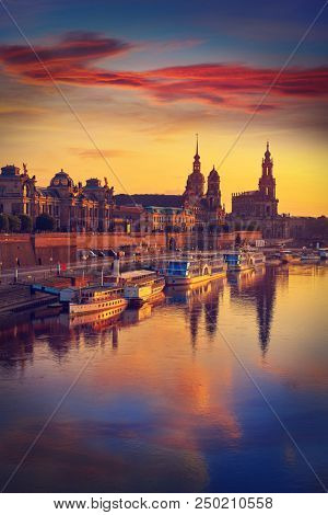 Dresden skyline reflecion in Elbe river at sunset in Saxony of Germany