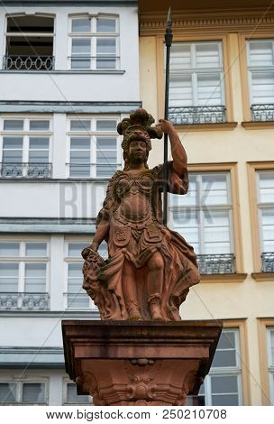 Frankfurt Justitia Lady Justice statue in Romerberg square of Germany