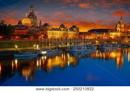 Dresden sunset skyline reflecion in Elbe river in Saxony of Germany
