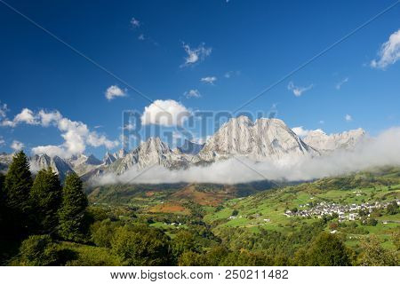 Mountains in Lescun Cirque, Aspe Valley, in the foreground you can see the Lescun village. Pyrenees, France.
