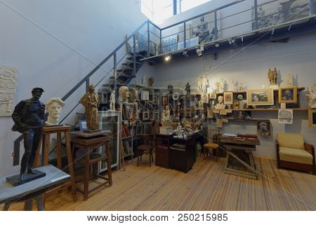 ST. PETERSBURG, RUSSIA - JULY 15, 2018: Interior of the museum workshop of sculptor Mikhail Anikushin during the opening of festival Laboratory Of Sculpture. The festival includes master classes
