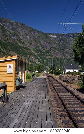 Famous Railroad Flamsbahn. 
It is considered the most picturesque road in Europe. June 17,2018. Flam, Norway, Scandinavia.