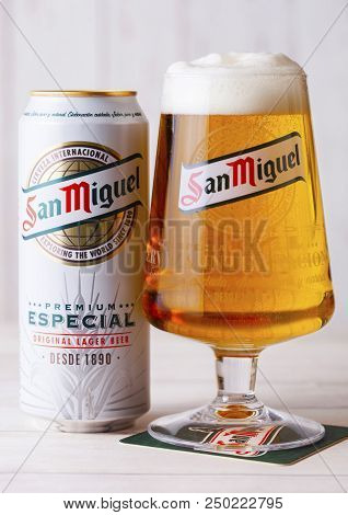 London, Uk - April 27, 2018: Aluminium Can Of San Miguel Lager Beer On Wooden Background With Origin