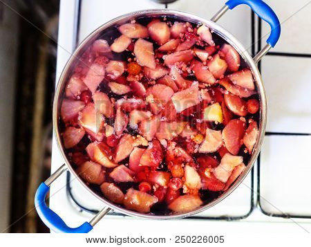 Top View Of Cooking Of Local Non-alcoholic Sweet Drink Kompot (compote) From Fresh Apricot Fruits, R
