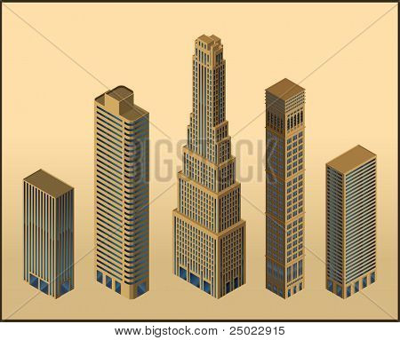 cinque edifici isometrici - vettore - isolato oggetti