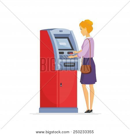 Young Woman Using Atm - Cartoon People Characters Illustration Isolated On White Background. High Qu