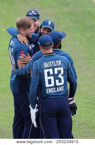 LEEDS, ENGLAND - JULY 17: David Willey celebrates a wicket during the 3rd Royal London One day International match between England and India at Headingley Cricket Ground on July 17, 2018 