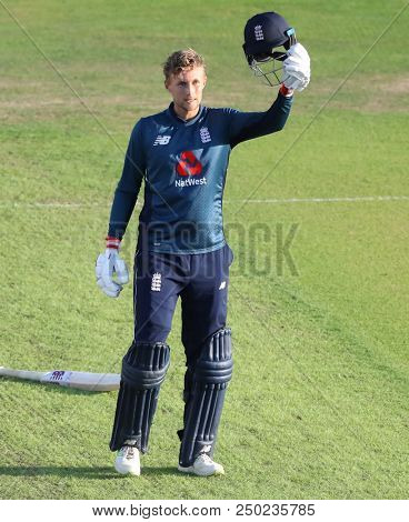 LEEDS, ENGLAND - JULY 17: Joe Root celebrates scoring a century during the 3rd Royal London One day International match between England and India at Headingley Cricket Ground on July 17, 2018