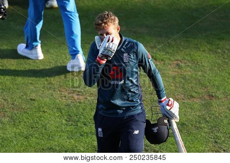 LEEDS, ENGLAND - JULY 17: Joe Root celebrates scoring a century during the 3rd Royal London One day International match between England and India at Headingley Cricket Ground on July 17, 2018