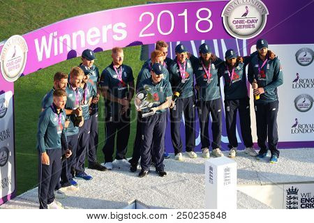 LEEDS, ENGLAND - JULY 17: England with the trophy after winning the 3rd Royal London One day International match and series between England and India at Headingley Cricket Ground on July 17, 2018