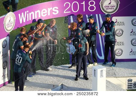 LEEDS, ENGLAND - JULY 17: England with the trophy after winning the 3rd Royal London One day International match and series between England and India at Headingley Cricket Ground on July 17, 2018