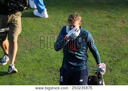 LEEDS, ENGLAND - JULY 17: Joe Root celebrates scoring a century during the 3rd Royal London One day International match between England and India at Headingley Cricket Ground on July 17, 2018