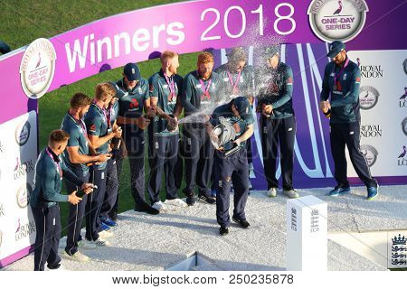 LEEDS, ENGLAND - JULY 17: England with the trophy after winning the 3rd Royal London One day International match and series between England and India at Headingley Cricket Ground on July 17, 2018