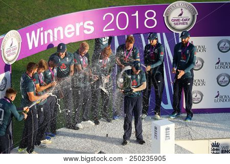 LEEDS, ENGLAND - JULY 17: England with the trophy after winning the 3rd Royal London One day International match and series between England and India at Headingley Cricket Ground on July 17, 2018