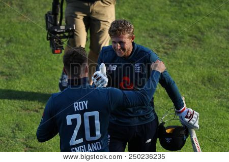 LEEDS, ENGLAND - JULY 17: Joe Root celebrates scoring a century during the 3rd Royal London One day International match between England and India at Headingley Cricket Ground on July 17, 2018