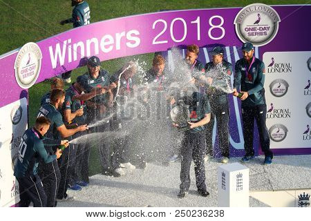 LEEDS, ENGLAND - JULY 17: England with the trophy after winning the 3rd Royal London One day International match and series between England and India at Headingley Cricket Ground on July 17, 2018