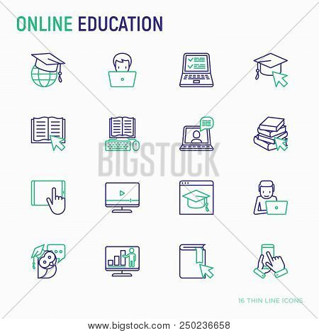 Online Education Thin Line Icons Set: Online Course, Webinar, E-book, Video Conference, Home Studyin