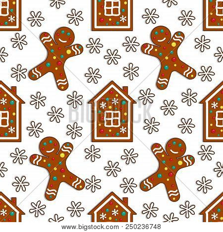Gingerbread Candy Seamless Pattern On White Background With House And Gingerman. Vector Illustration