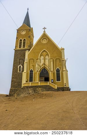 Luderitz, Namibia - March 23 2018: Iconic Evangelical Lutheran Felsenkirche, The Church On The Rocks