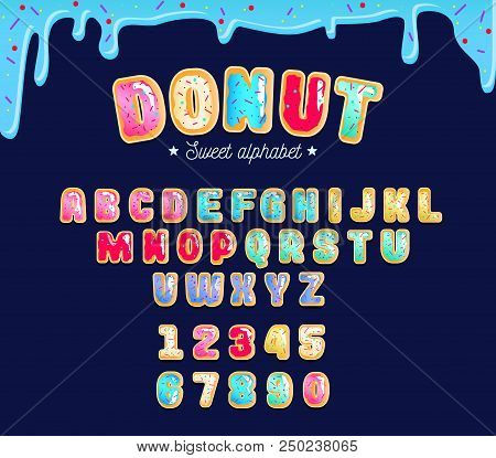 Sweet Donut Type Font With Different Glaze. Colorful Donut Alphabet Card For Party, Poster Or Flyer.