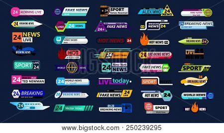 Big Set Of News Bar Isolated On Blue Background. Live, Sport, Fake, Online News Etc. Vector Illustra