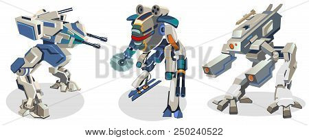 Set Of Futuristic Cartoon Space Robots Isolated On White Background. Battle Robots In Space Style. V