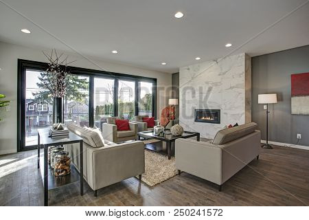 Spacious Living Room Interior In Neutral Tones.