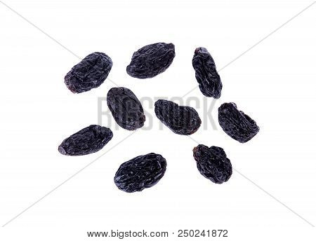 Black Raisin Is A Dried Grape Isolated On White Background.