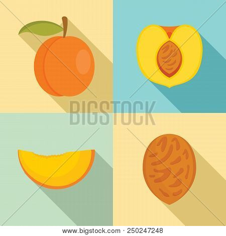 Peach Tree Slices Fruit Half Icons Set. Flat Illustration Of 4 Peach Tree Slices Fruit Half Vector I