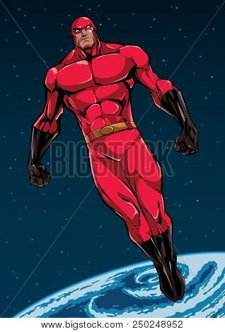 Full Length Illustration Of Powerful Superhero Looking Down While Soaring In The Outer Space.