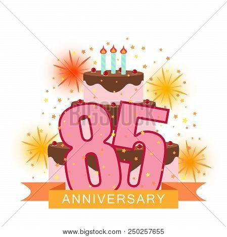 Illustrated Image With The Number Eighty-five, Cake, Fireworks And A Starry Rain
