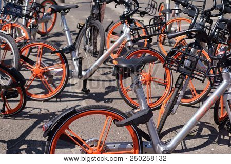 Berlin, Germany - July 16: Bicycles Of The Chinese Bicycle Rental Operator Mobike Are Lined Up In A 