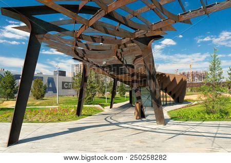 Moscow, Russia - July 06, 2018: Tufeleva roscha architecture park in Moscow. Summer day at landscape park walk