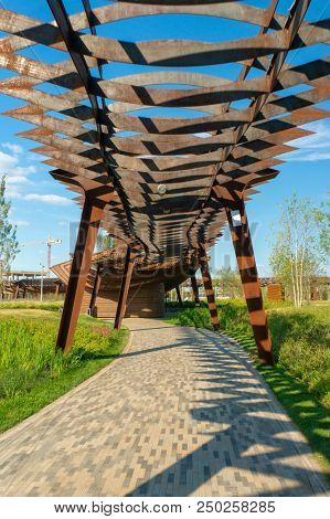 Moscow, Russia - July 06, 2018: Tufeleva roscha architecture park in Moscow. Summer day at landscape park walk